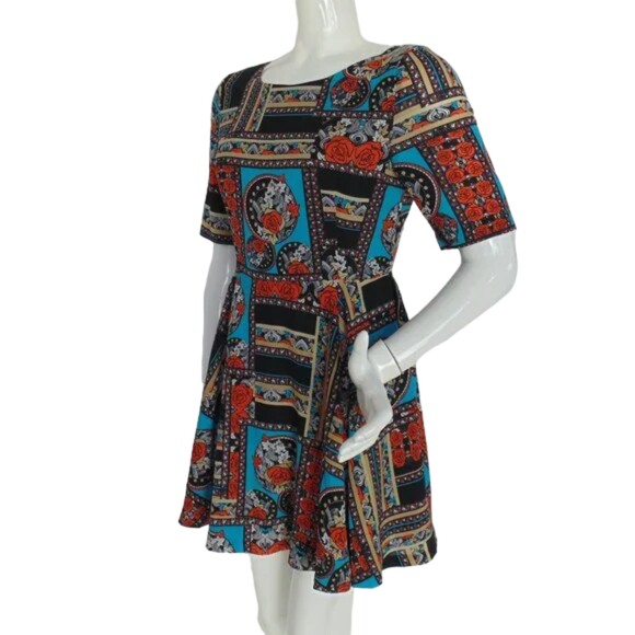 MINKPINK Dress, Jr M, Geometric Floral/Roses, Skater, Poly, Aqua/Black/ - Picture 3 of 12